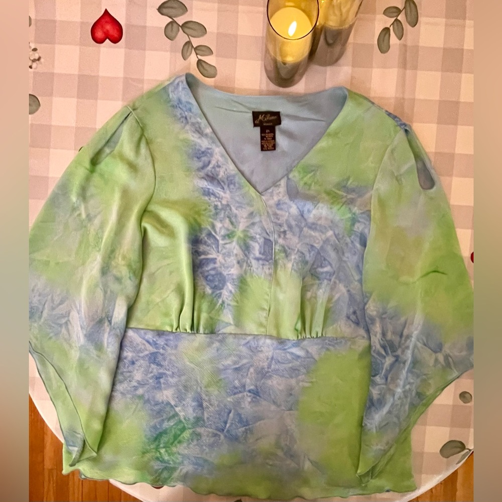 2 for $20Gorgeous, watercolor, blouse with cut out shoulders and bell sleeves